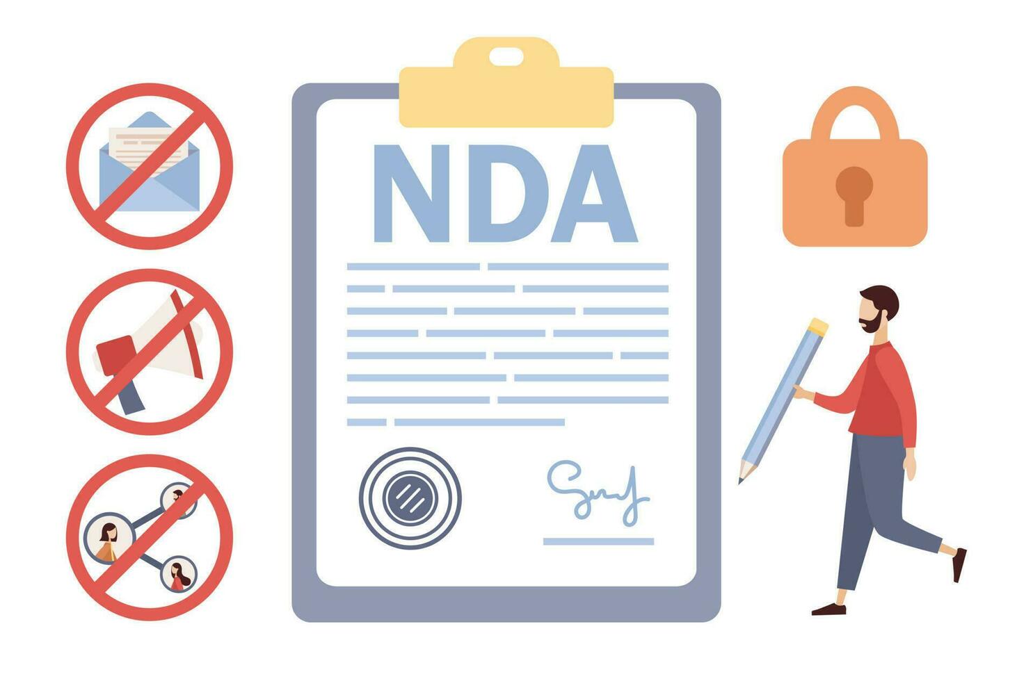 NDA icon set. Non disclosure Agreement document with signature and stamp. Tiny man signs privacy document. Business confidentiality paper with agreement to contract. Vector flat illustration