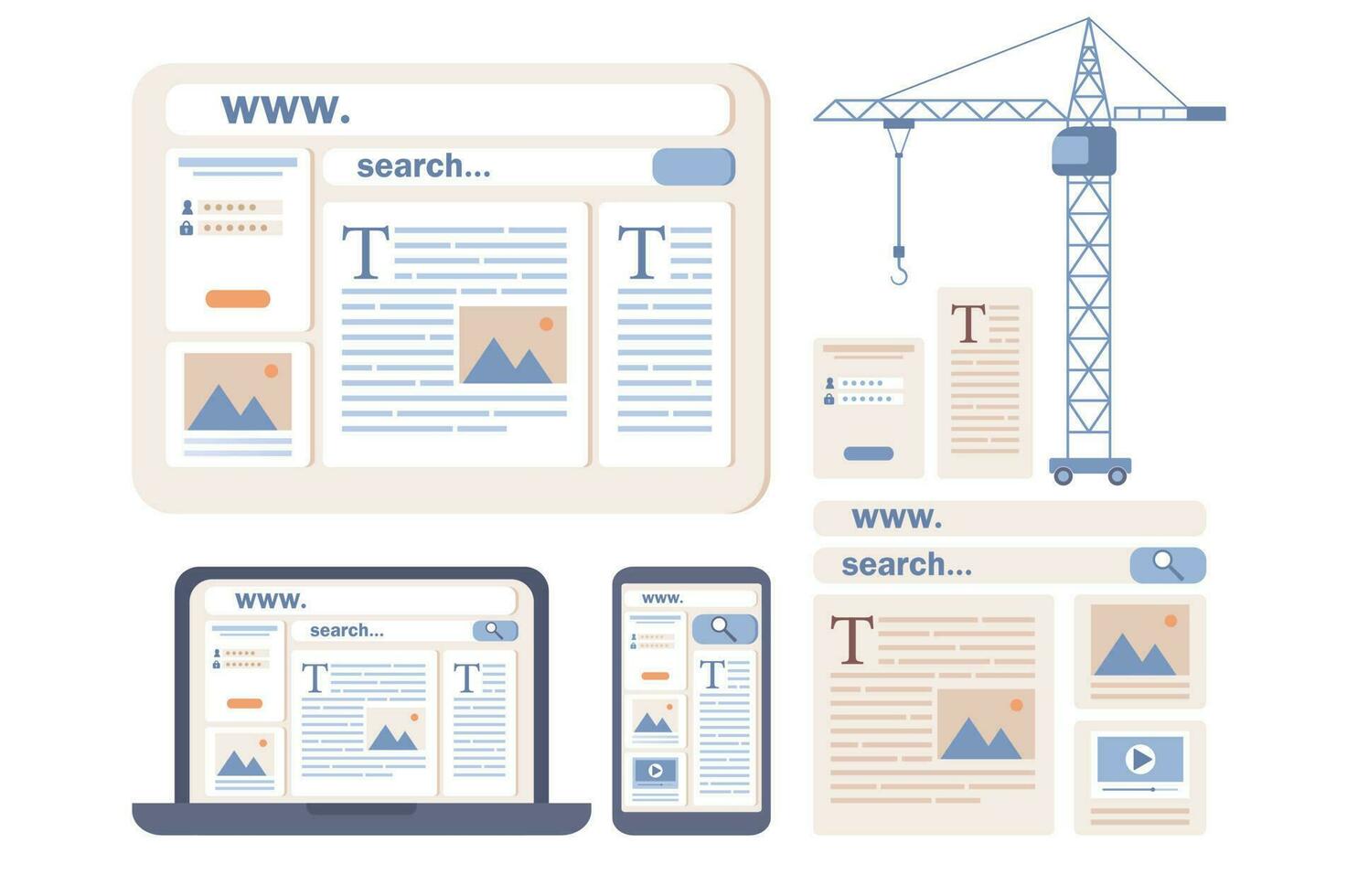 Web design icon. User interface development concept. Site creation with blocks in browser or mobile app. Website layout online service or platform. Vector flat illustration