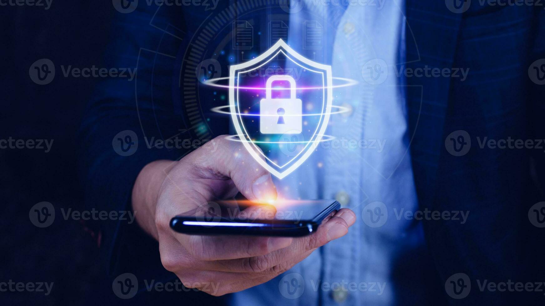 Network security shield system, Personal Data information on smart phone. Information and cyber security Technology Services. Internet Technology. photo