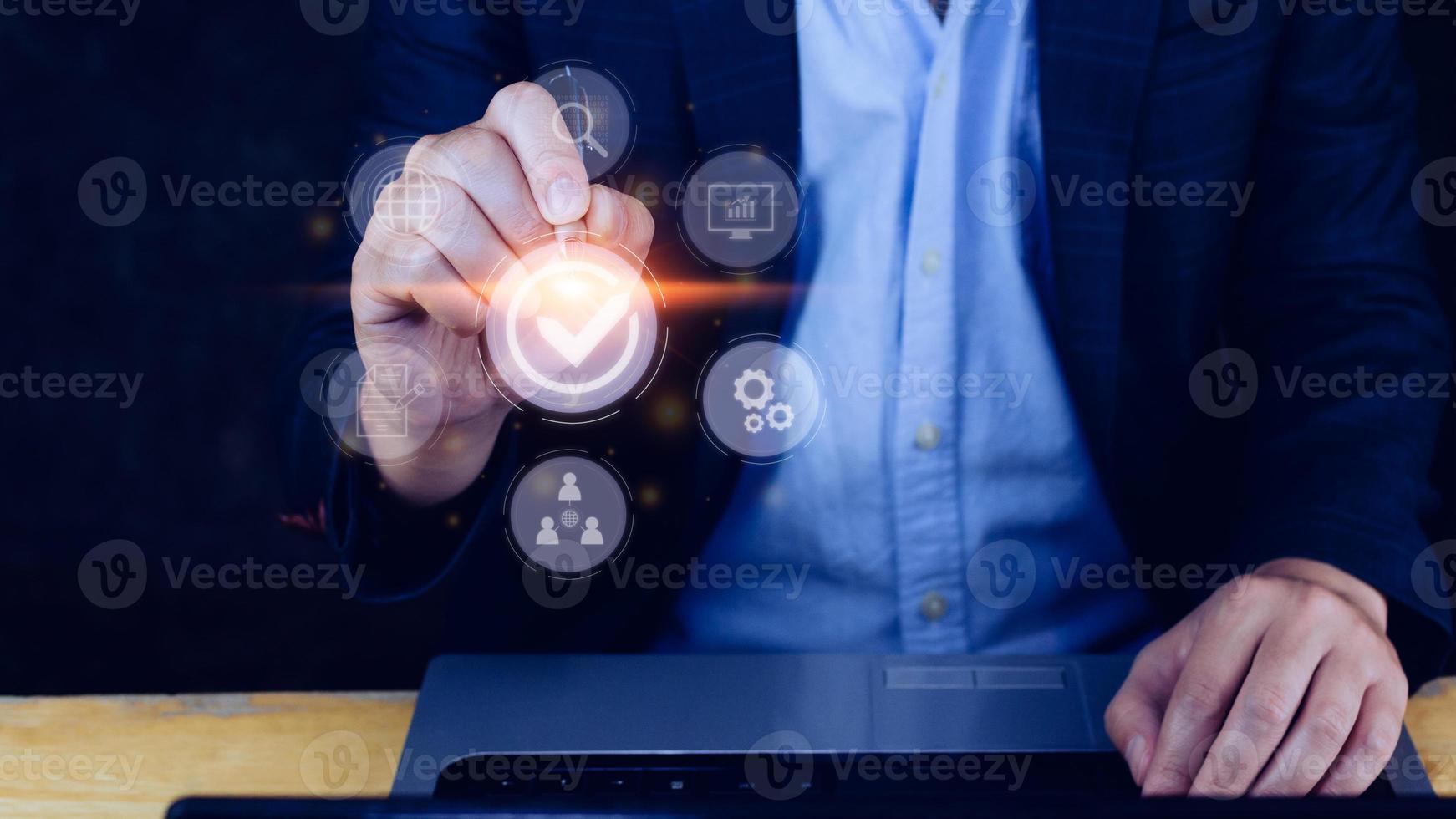 Quality management with Quality assurance or QA and Quality control or QC and improvement. Standardization and certification concept. compliance to regulations and standards. concept with manager. photo