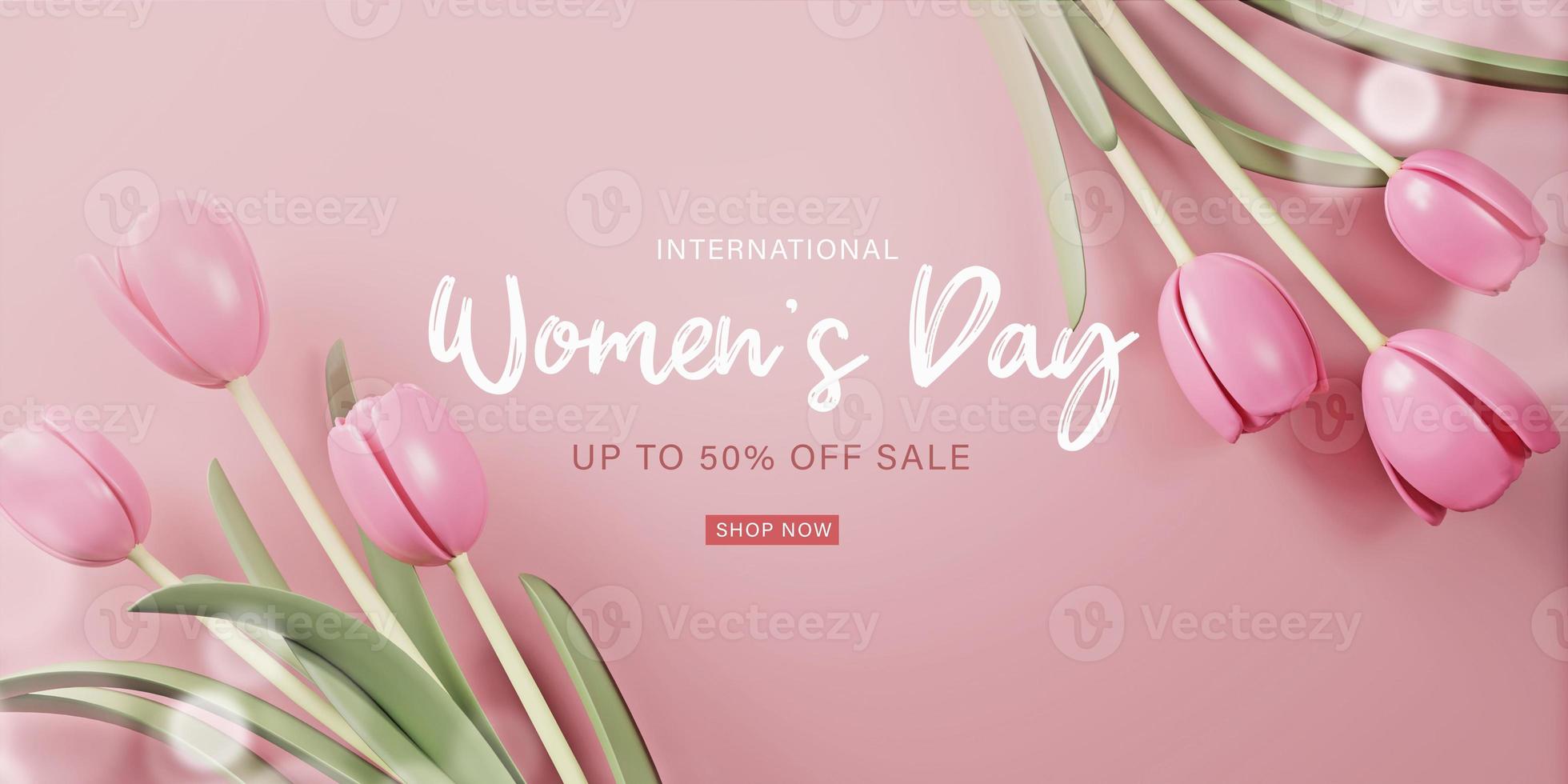 3d Rendering. Women's day design. Womens day greeting text with flowers background for woman international celebration. photo