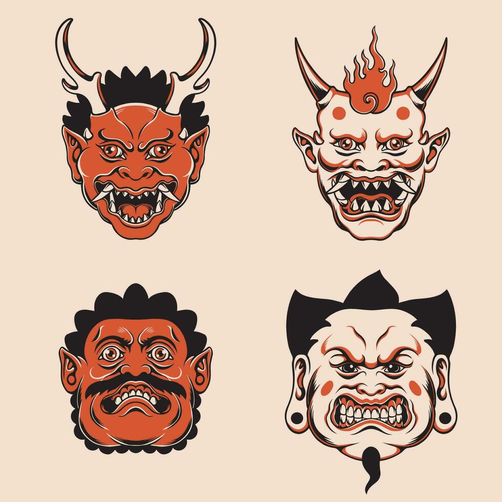Japanese demon mask vector set
