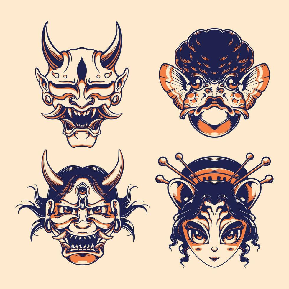 japonés máscara personaje vector conjunto