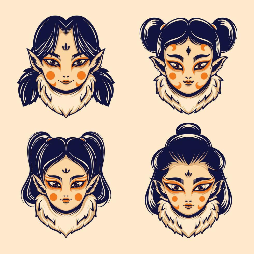 japanese mask girl character vector set