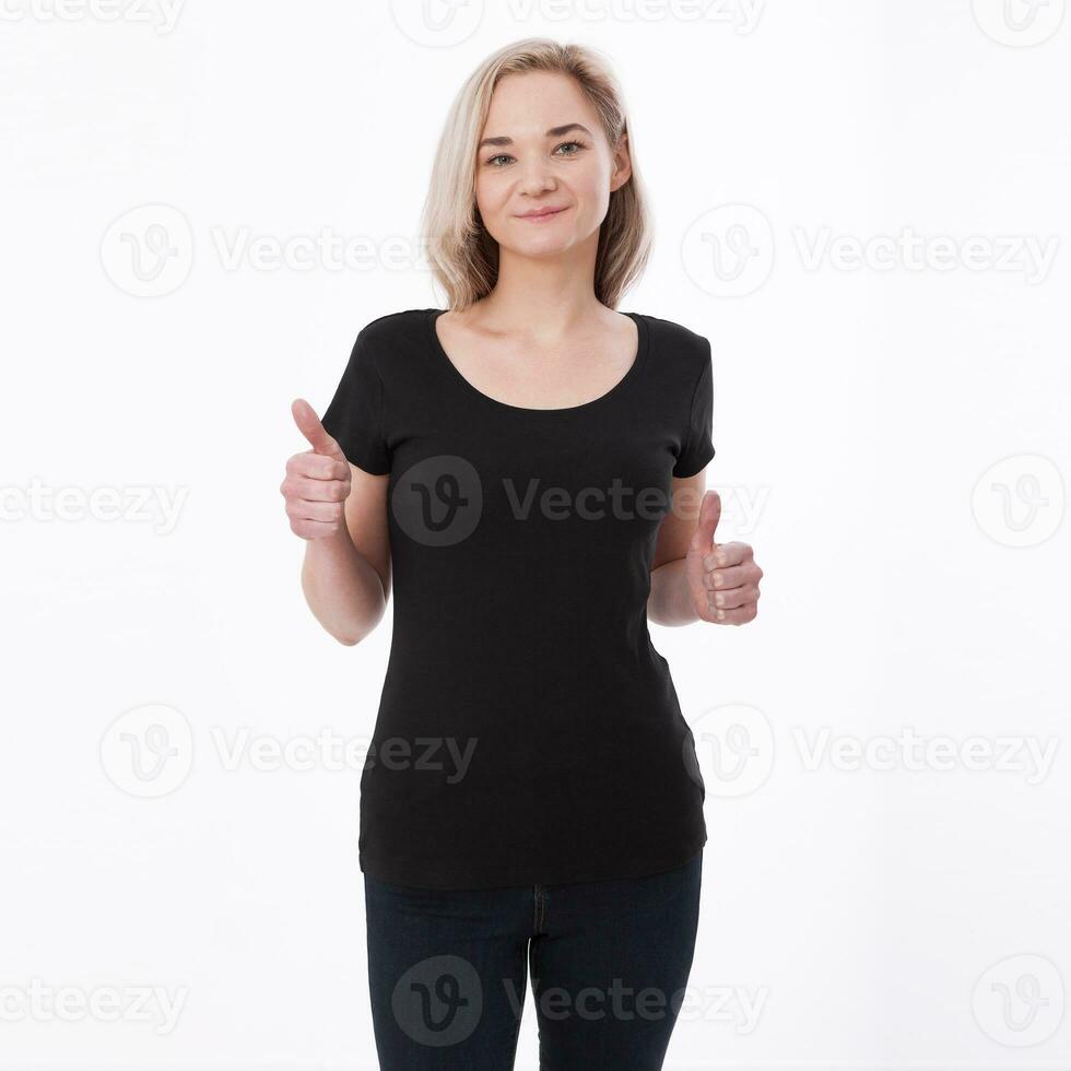 Shirt design woman in blank black t-shirt front isolated. Clean empty mock up template for design. photo