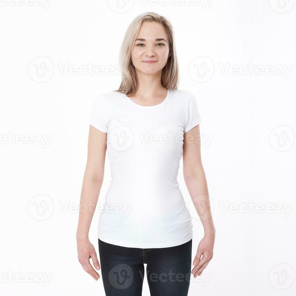 Shirt design woman in blank black t-shirt front isolated. Clean empty mock up template for design. photo