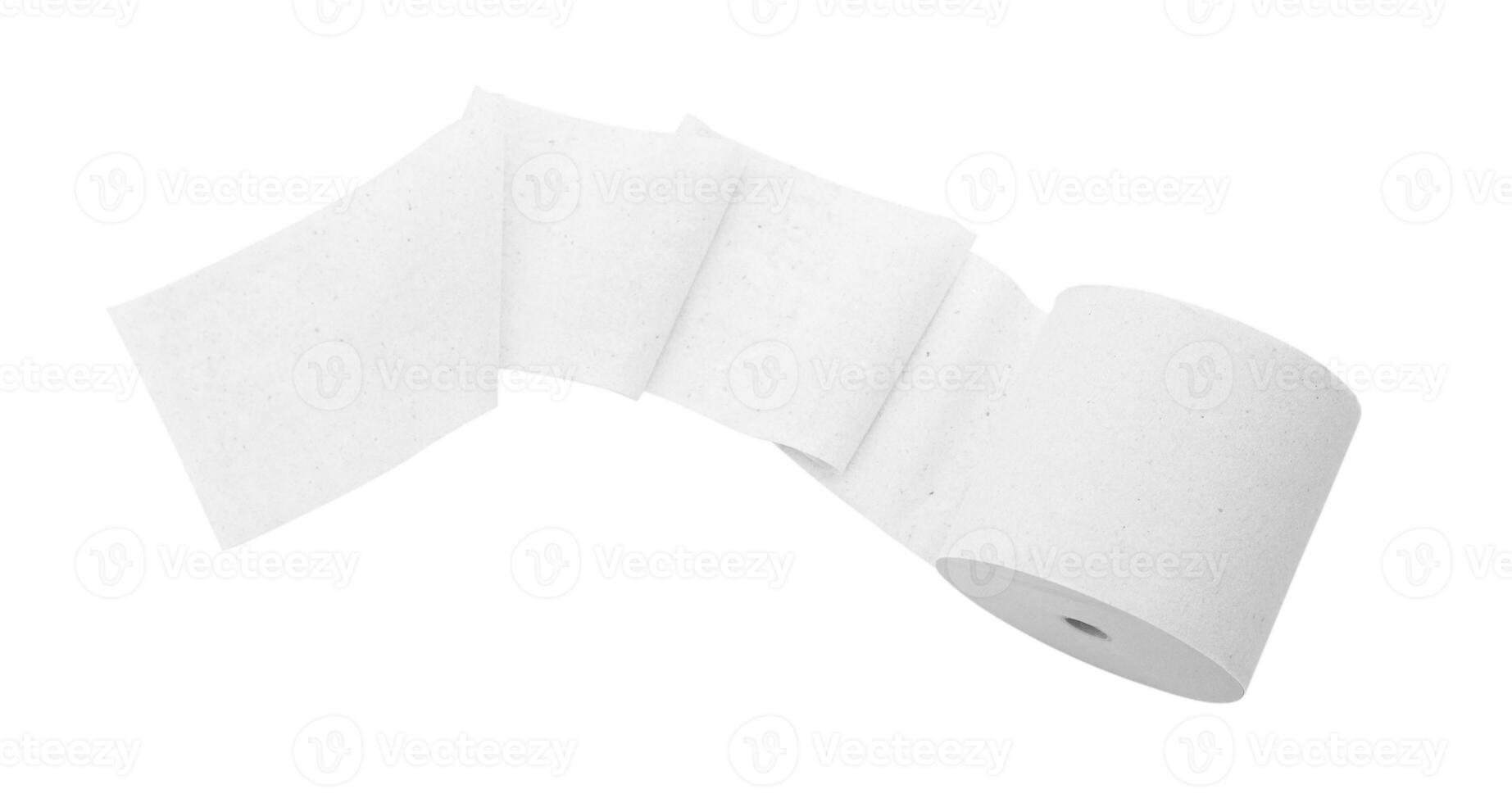Paper roll mock up isolated on white background. Blank white packaging kitchen towel, toilet paper roll, cash register tape, thermal fax roll. Paper roll template. Top view. photo