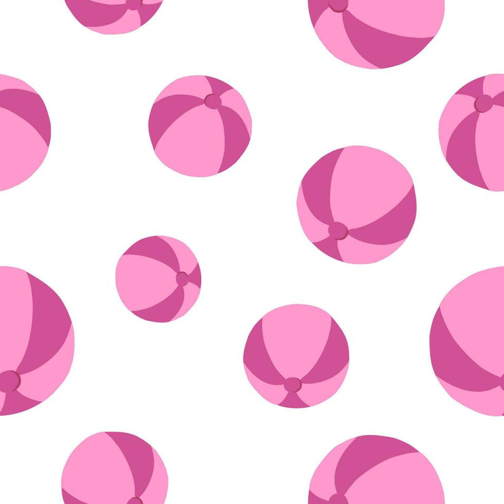 Pink beach ball in cartoon flat style seamless pattern. Vector illustration isolated on white background.