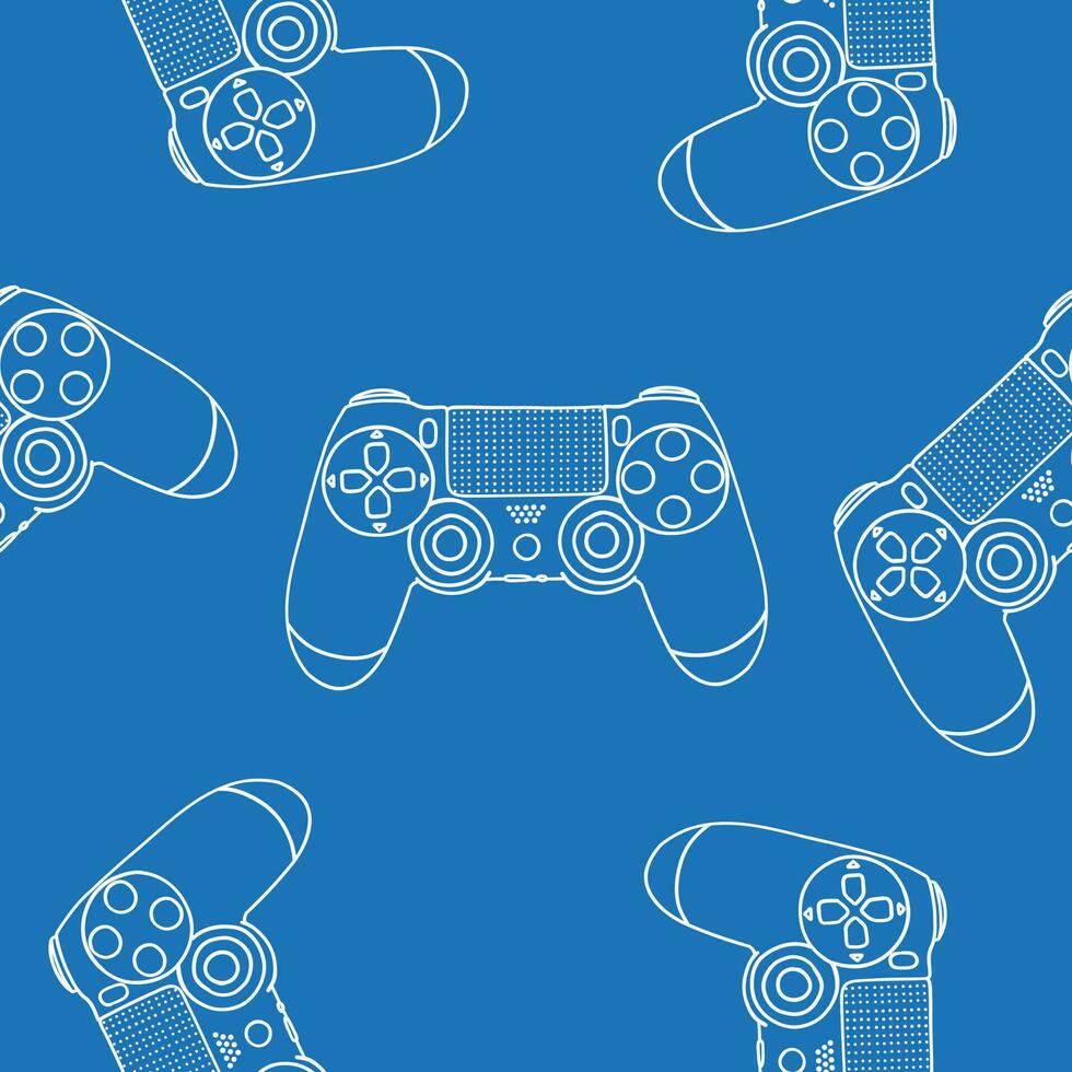 Seamless pattern of game controllers. Vector illustration in hand-drawn outline flat style on blue background