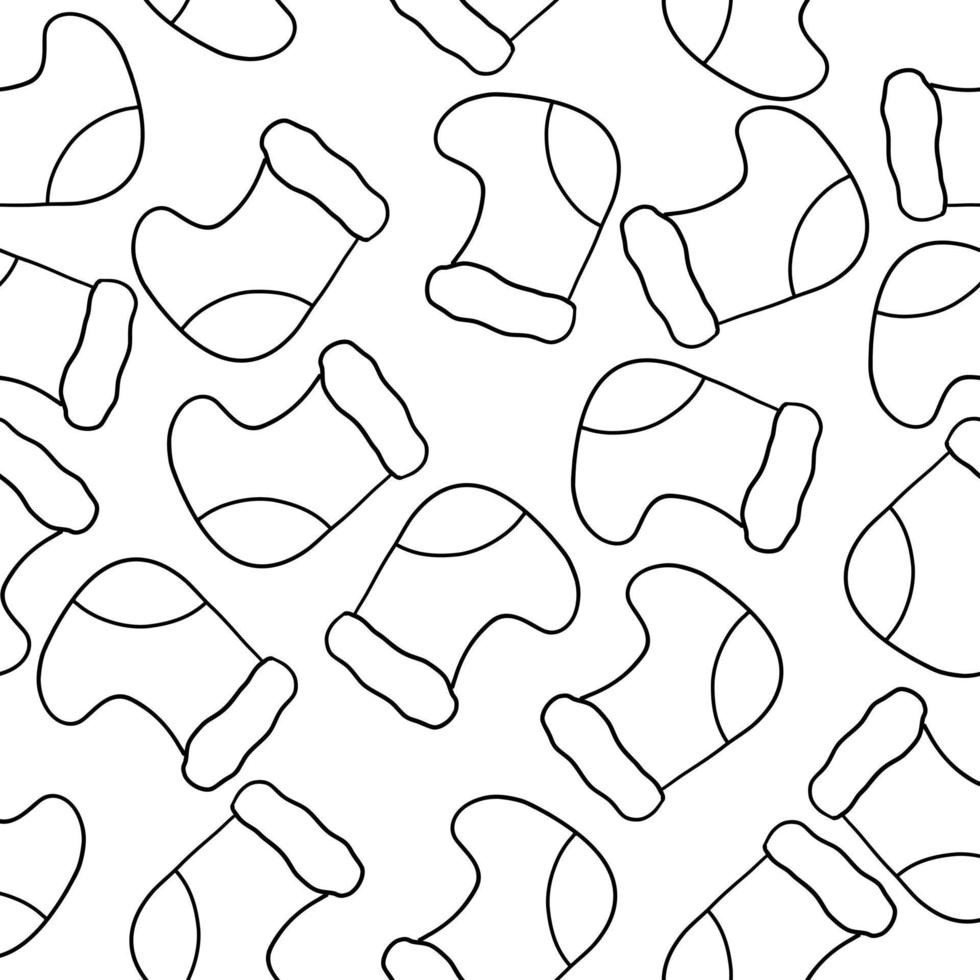 Christmas Sock in outline doodle style. Vector seamless pattern isolated on white background.
