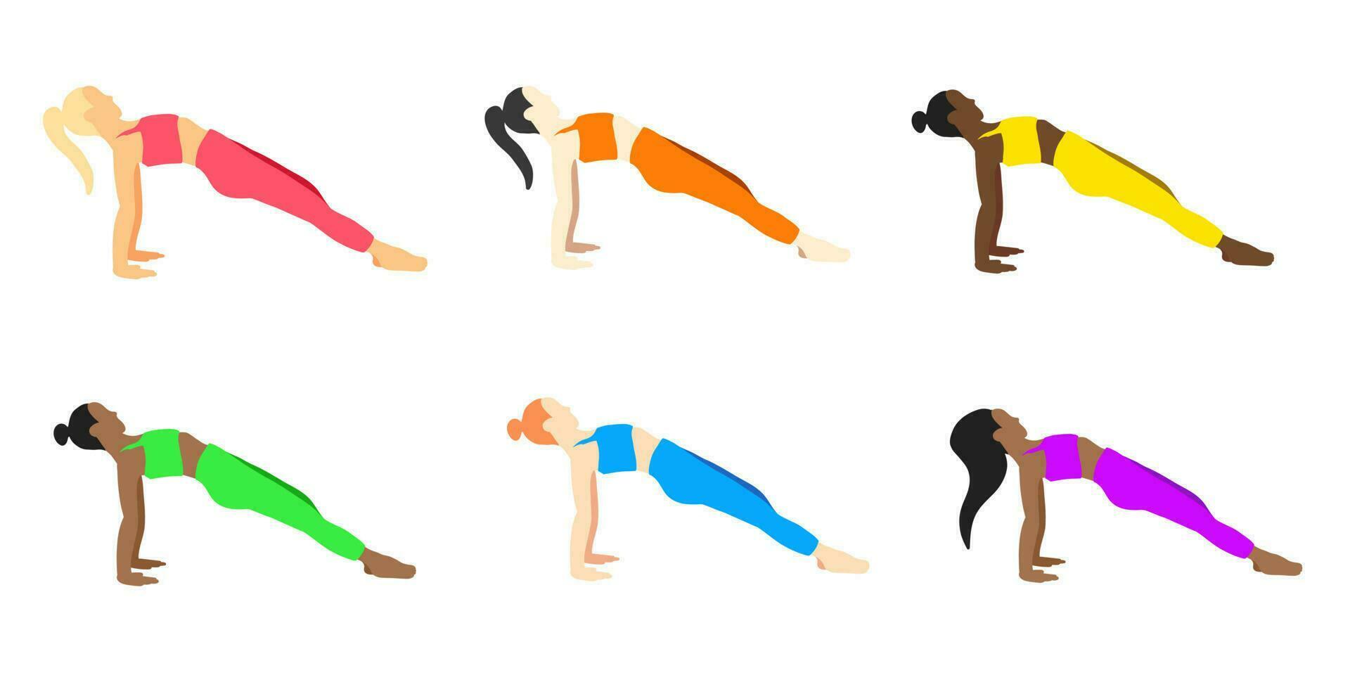 colección de posturas de yoga. europeo, africano, asiático. mujer mujer niña. ilustración vectorial en estilo plano de dibujos animados aislado sobre fondo blanco. colores lgbt vector