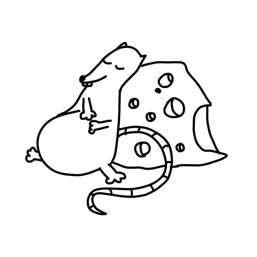 Cute rat with a cheese, mouse in cartoon outline doodle style. Vector illustration isolated on white background.