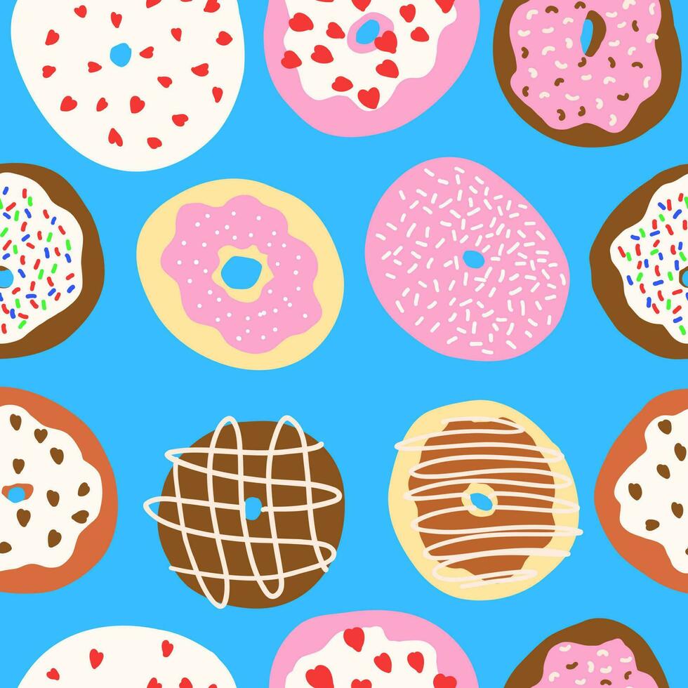 Donuts pattern. Vector illustration in cartoon flat style isolated on blue background
