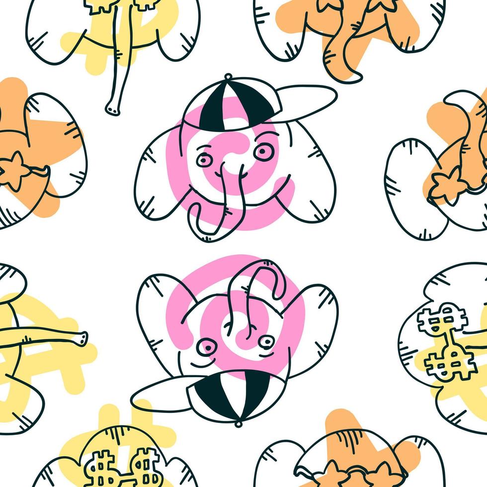 Elephant with cap. Seamless pattern. Vector illustration in outline doodle style isolated on white background.