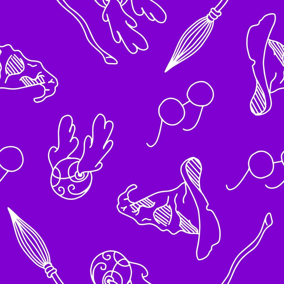 Seamless pattern of Magic items school of magic and sorcery. Vector illustration on purple background.