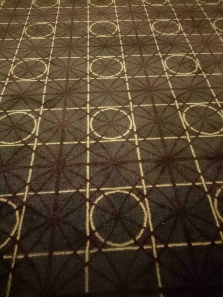 dark brown carpet with circle and square motif in the room photo