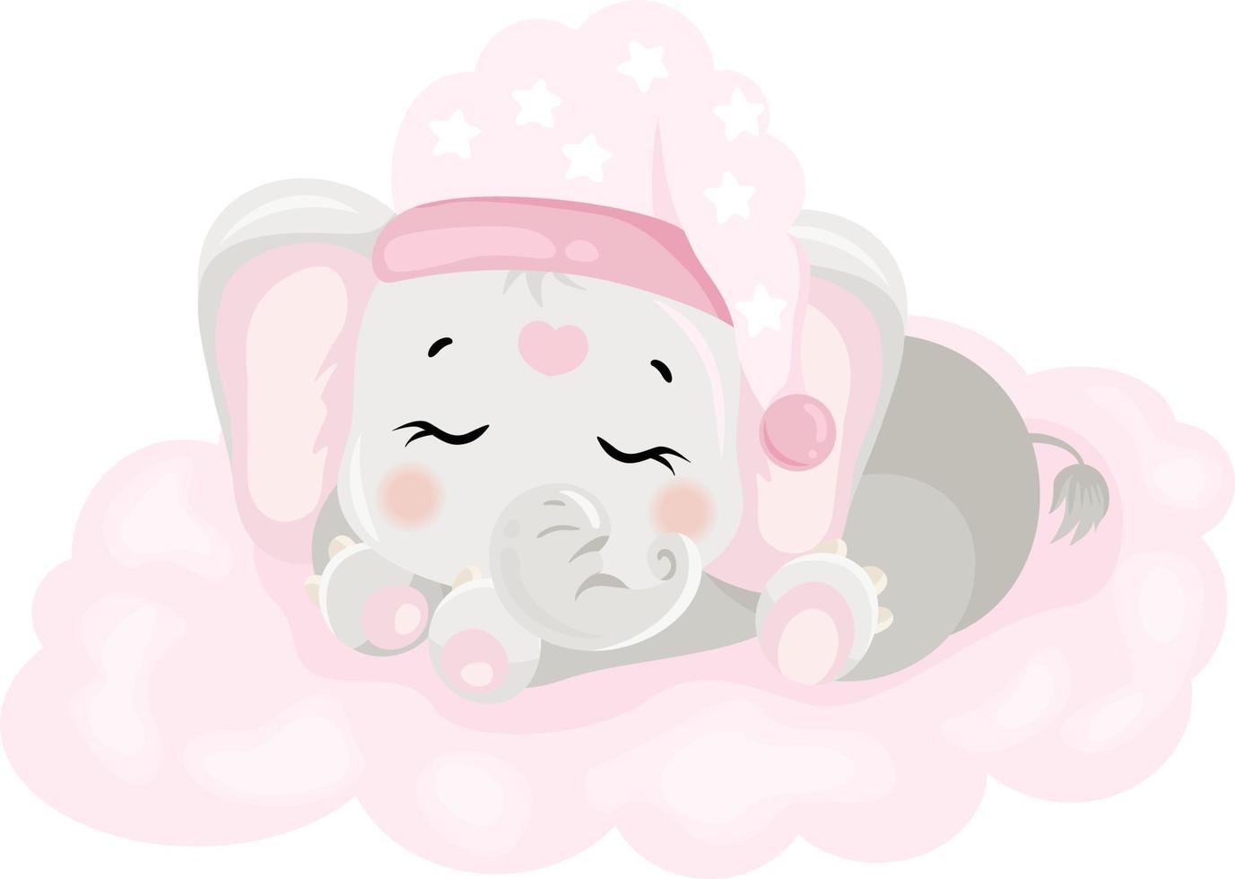 Cute baby pink elephant sleeping on cloud vector