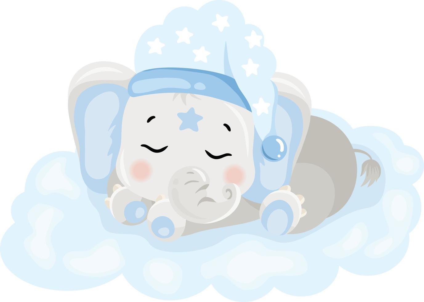 Cute baby blue elephant sleeping on cloud vector