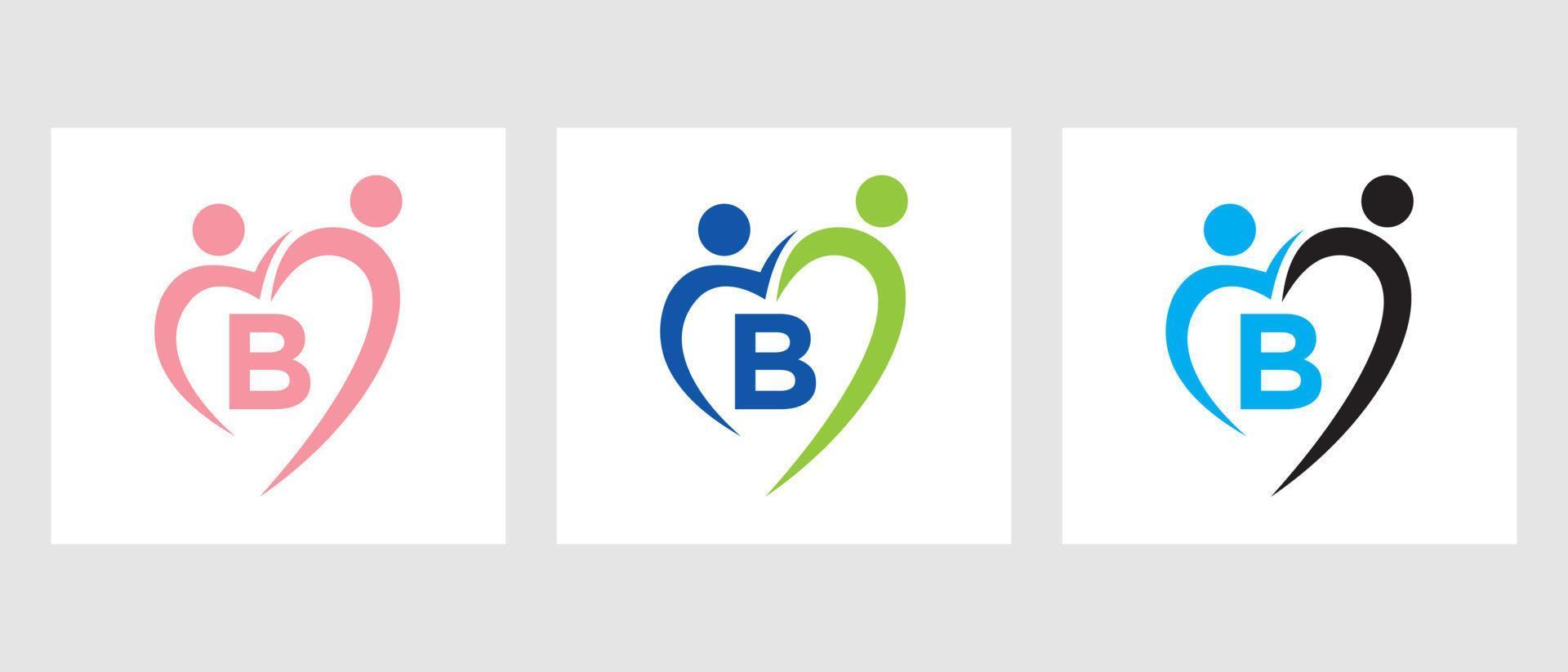 Letter B Community Logo Template. Teamwork, Heart, People, Family Care, Love Logo. Charity Donation Foundation Sign vector