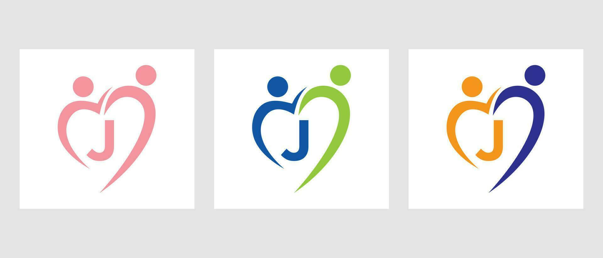 Letter J Community Logo Template. Teamwork, Heart, People, Family Care, Love Logo. Charity Donation Foundation Sign vector