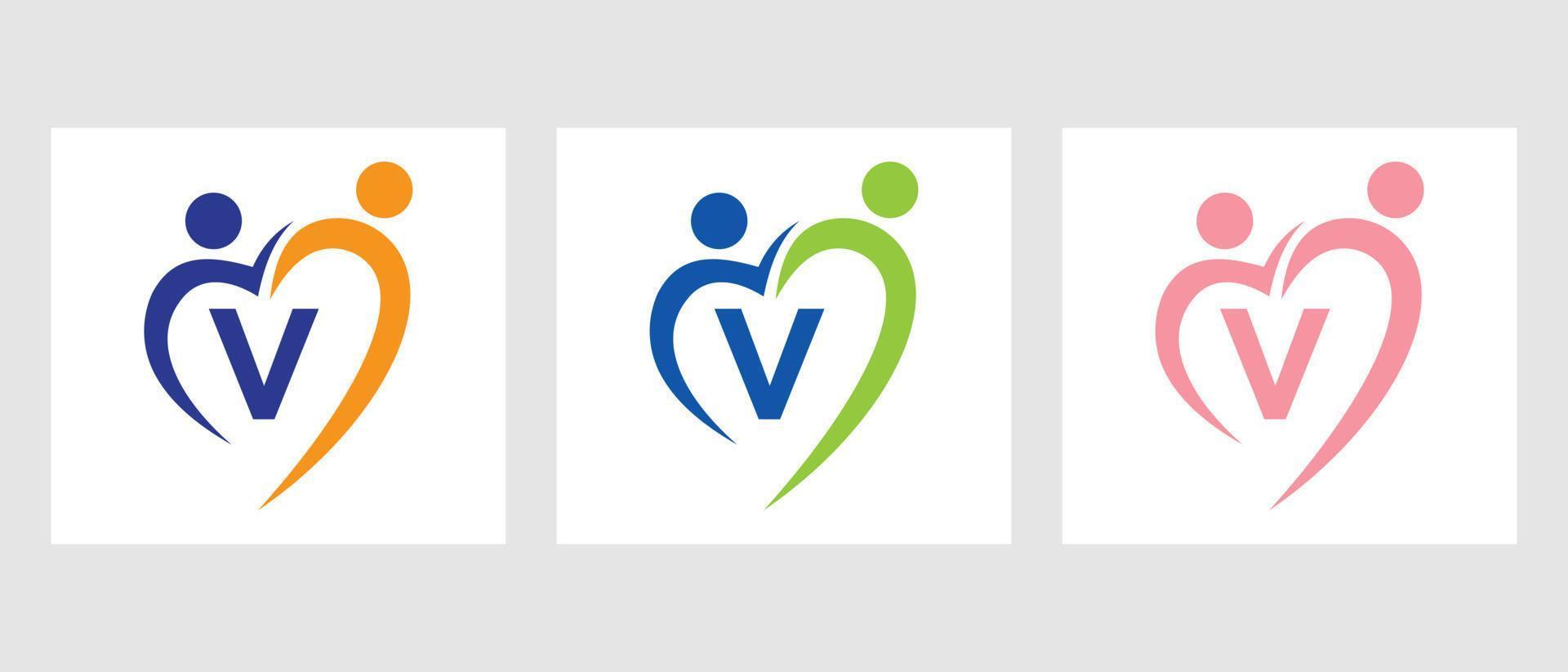 Letter V Community Logo Template. Teamwork, Heart, People, Family Care, Love Logo. Charity Donation Foundation Sign vector