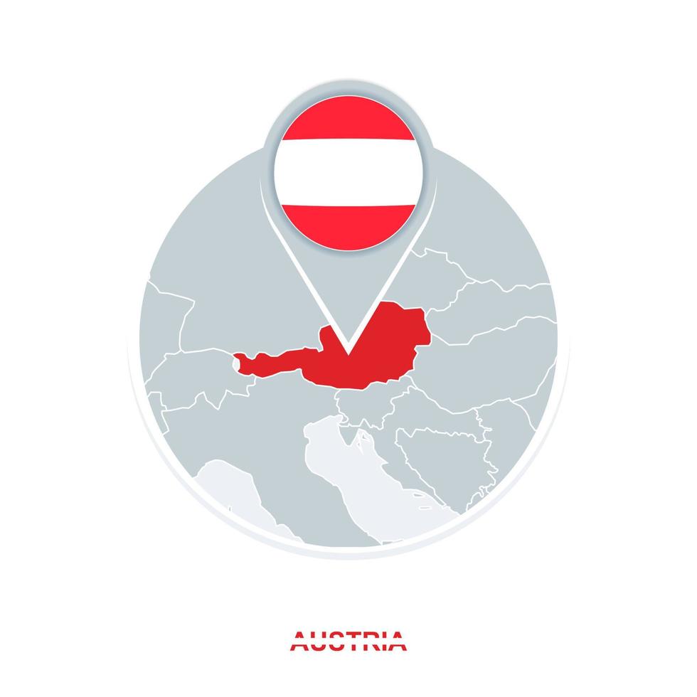 Austria map and flag, vector map icon with highlighted Austria