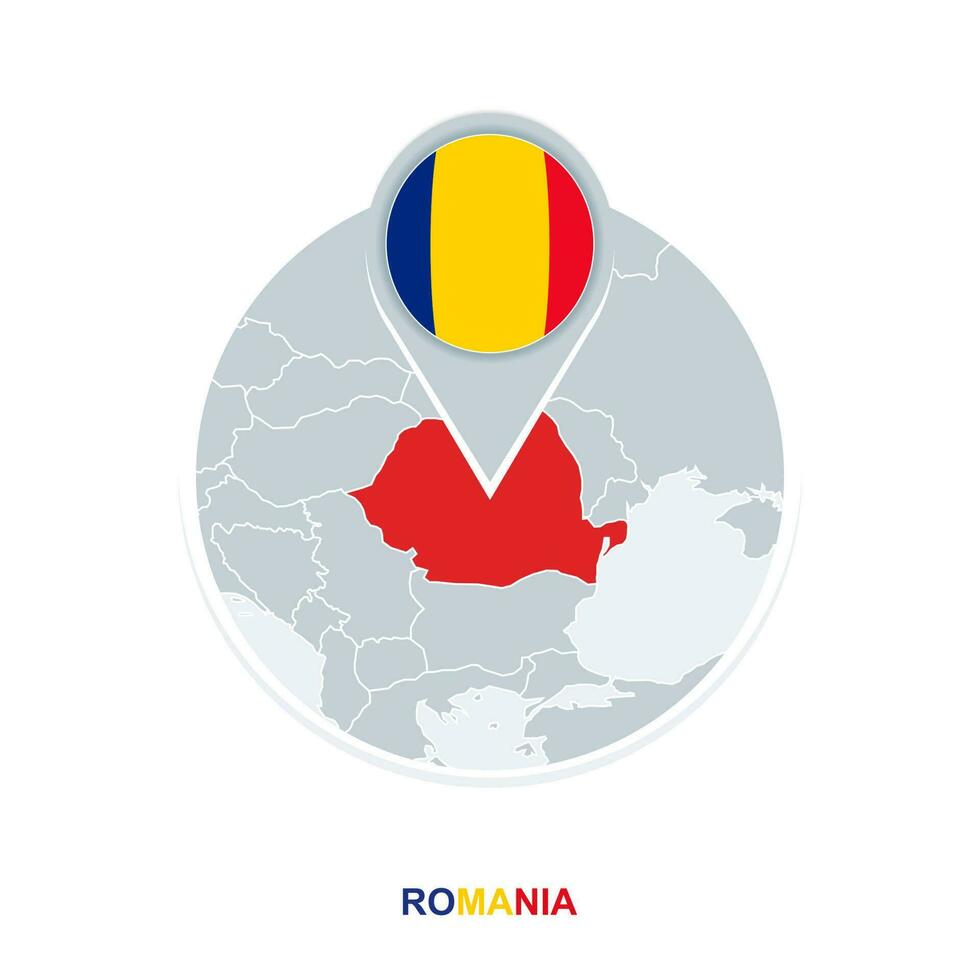 Romania map and flag, vector map icon with highlighted Romania