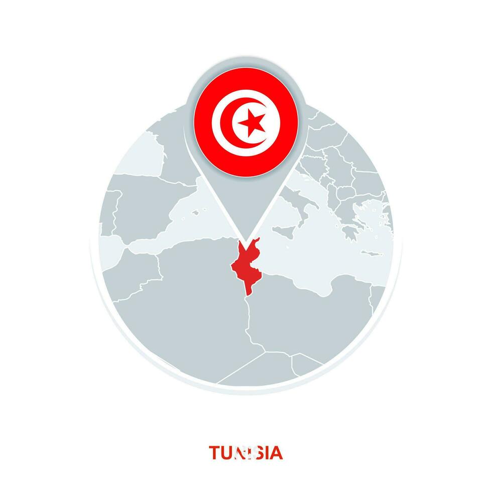 Tunisia map and flag, vector map icon with highlighted Tunisia