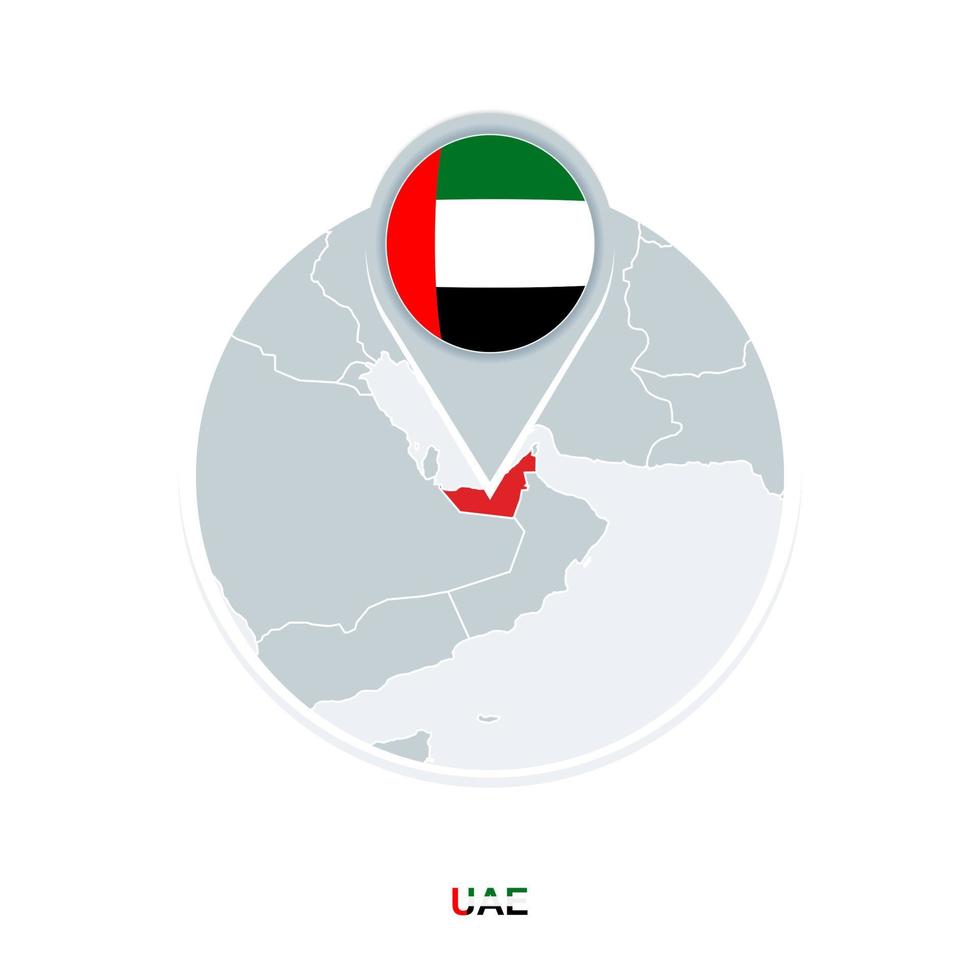 United Arab Emirates map and flag, vector map icon with highlighted UAE