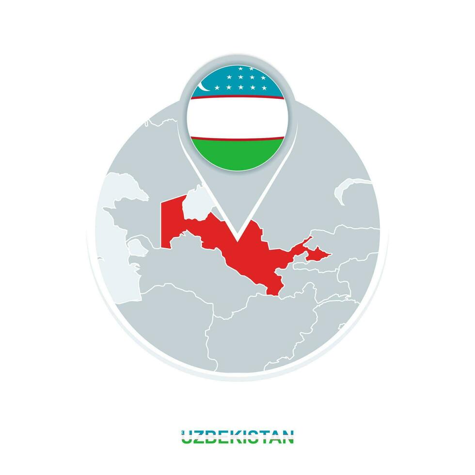 Uzbekistan map and flag, vector map icon with highlighted Uzbekistan