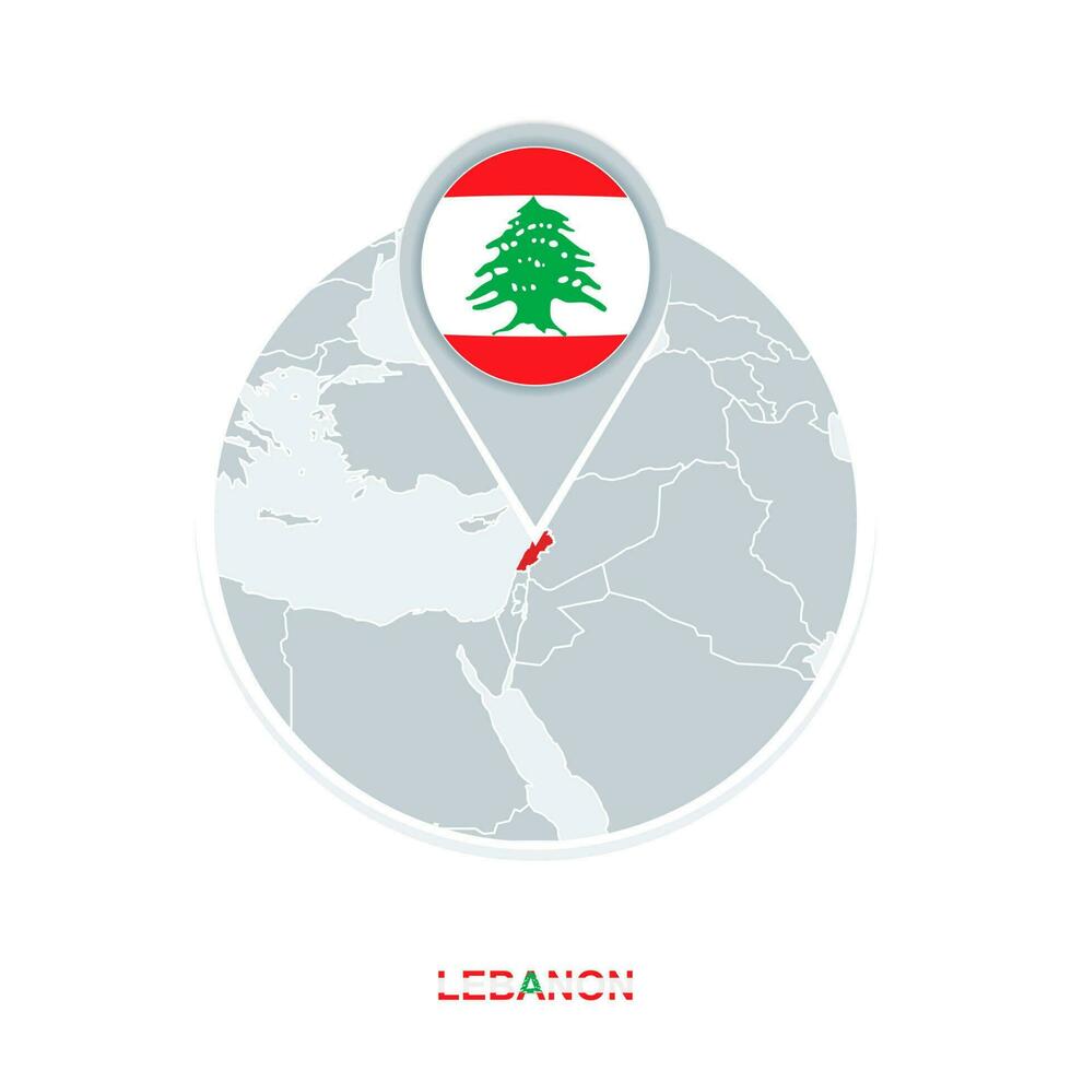 Lebanon map and flag, vector map icon with highlighted Lebanon