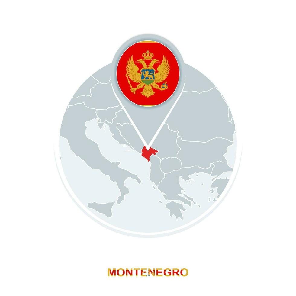 Montenegro map and flag, vector map icon with highlighted Montenegro