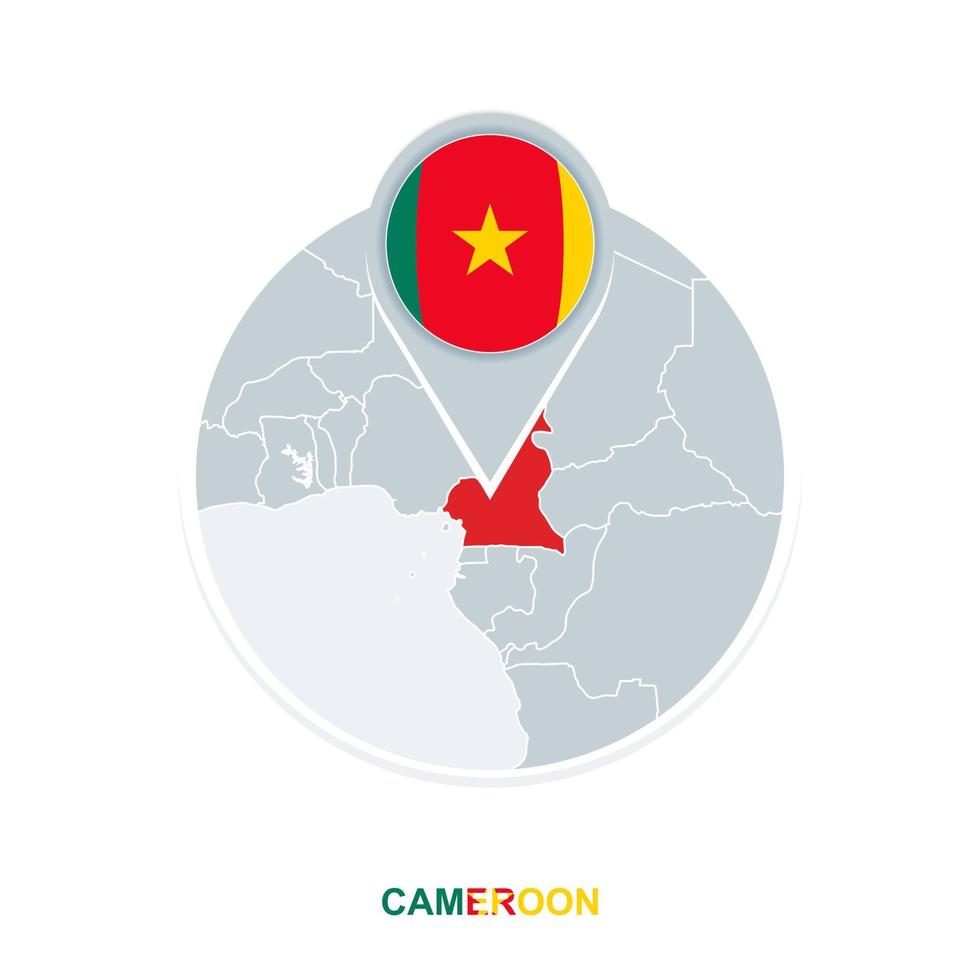 Cameroon map and flag, vector map icon with highlighted Cameroon