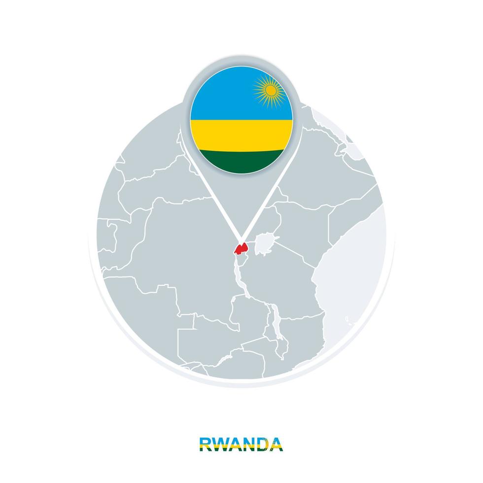 Rwanda map and flag, vector map icon with highlighted Rwanda