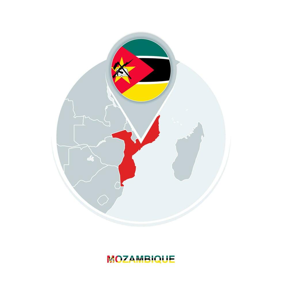 Mozambique map and flag, vector map icon with highlighted Mozambique