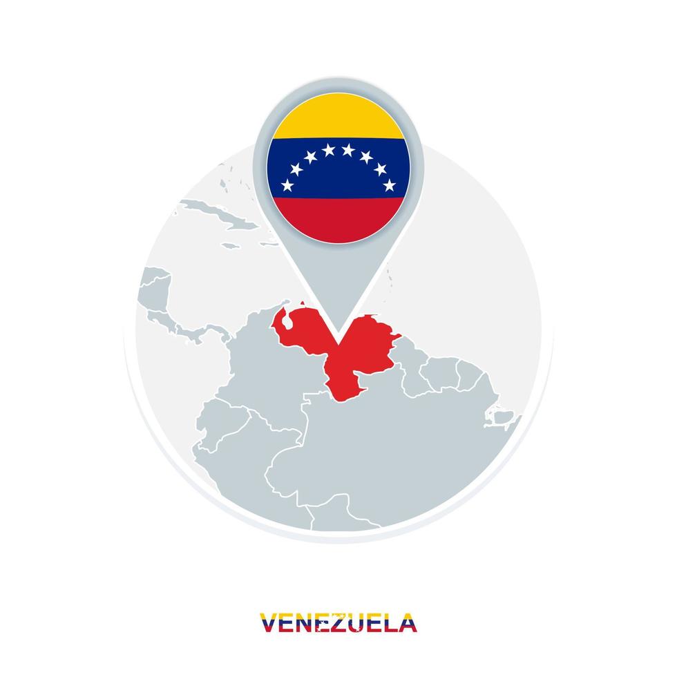 Venezuela map and flag, vector map icon with highlighted Venezuela