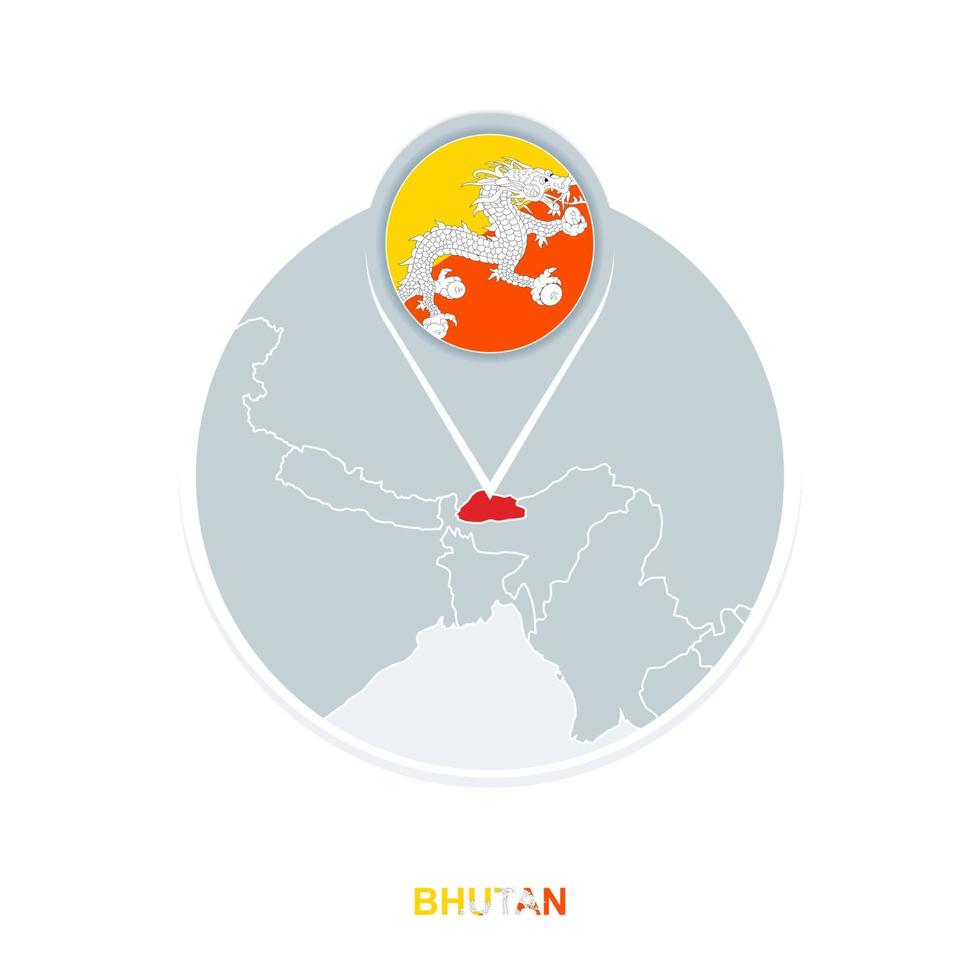 Bhutan map and flag, vector map icon with highlighted Bhutan