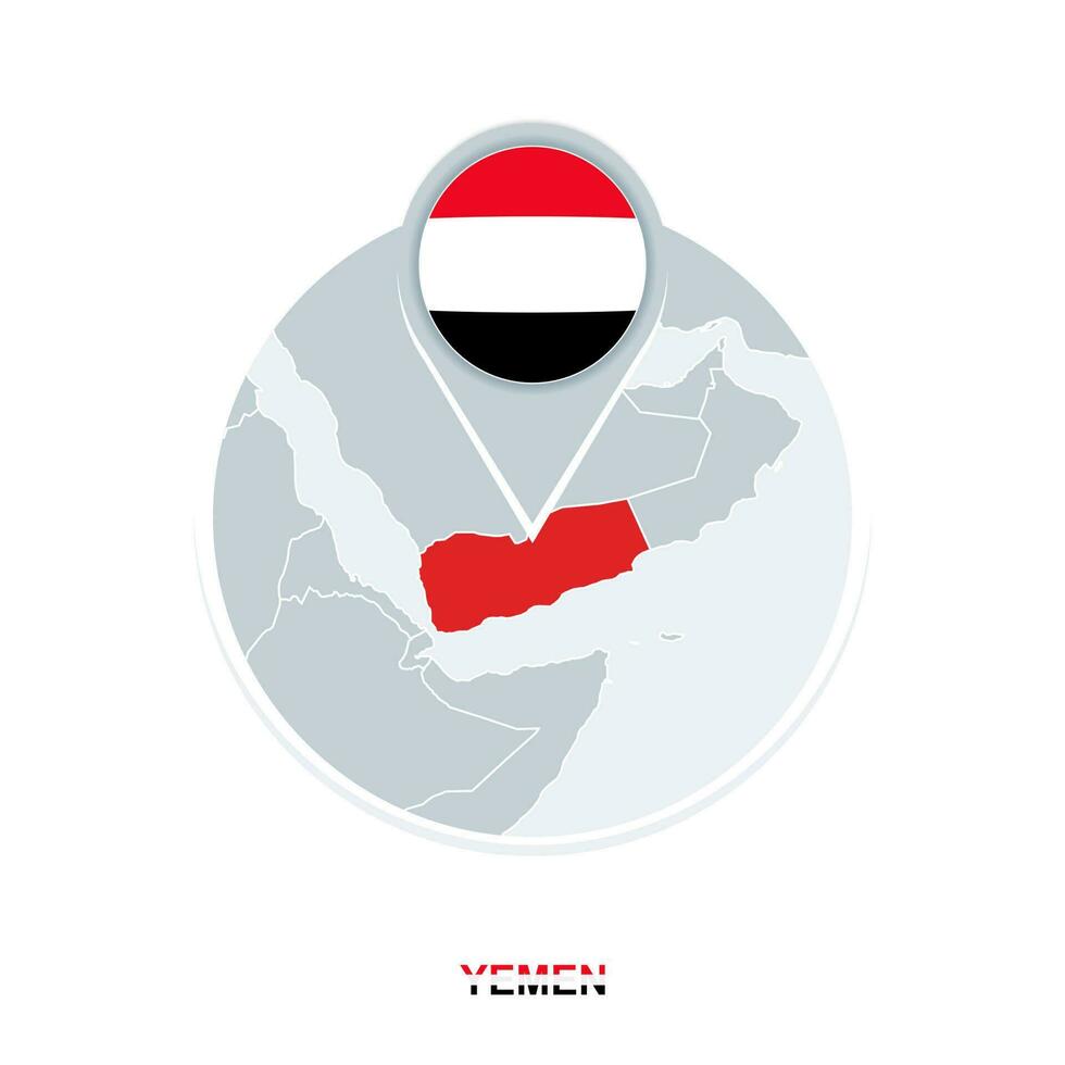 Yemen map and flag, vector map icon with highlighted Yemen