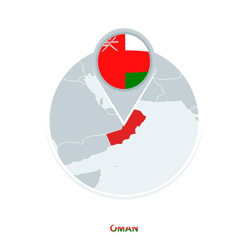 Oman map and flag, vector map icon with highlighted Oman