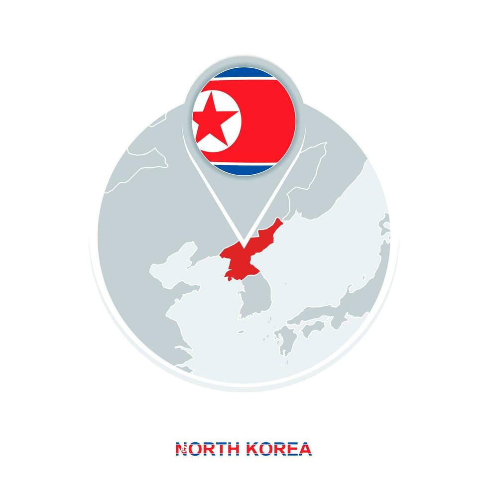 North Korea map and flag, vector map icon with highlighted North Korea