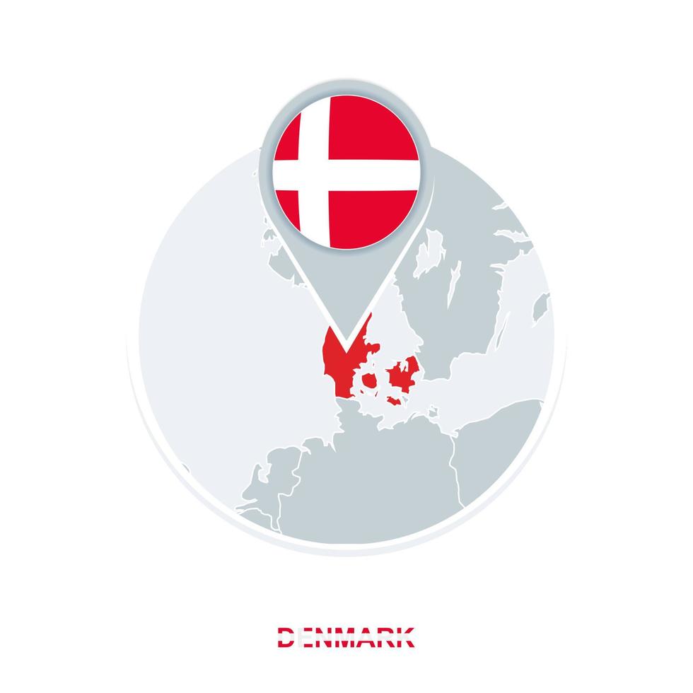 Denmark map and flag, vector map icon with highlighted Denmark