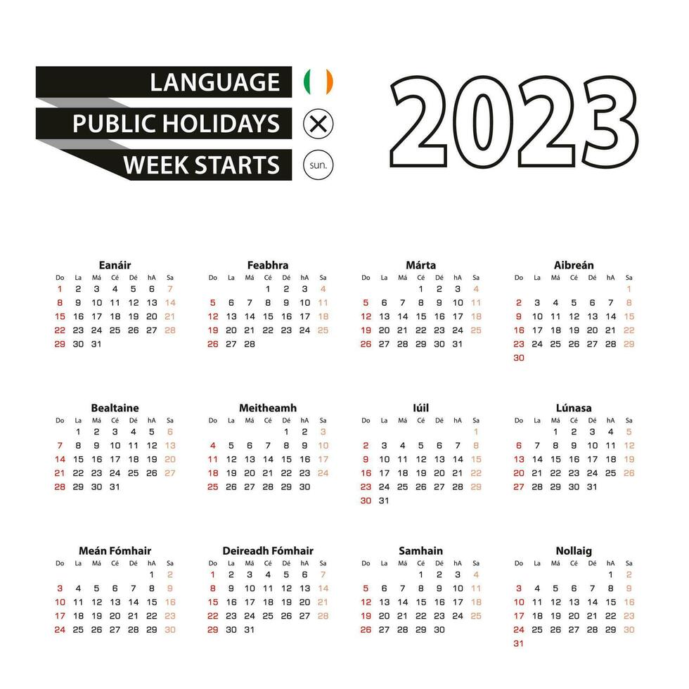2023 calendar in Irish language, week starts from Sunday. vector