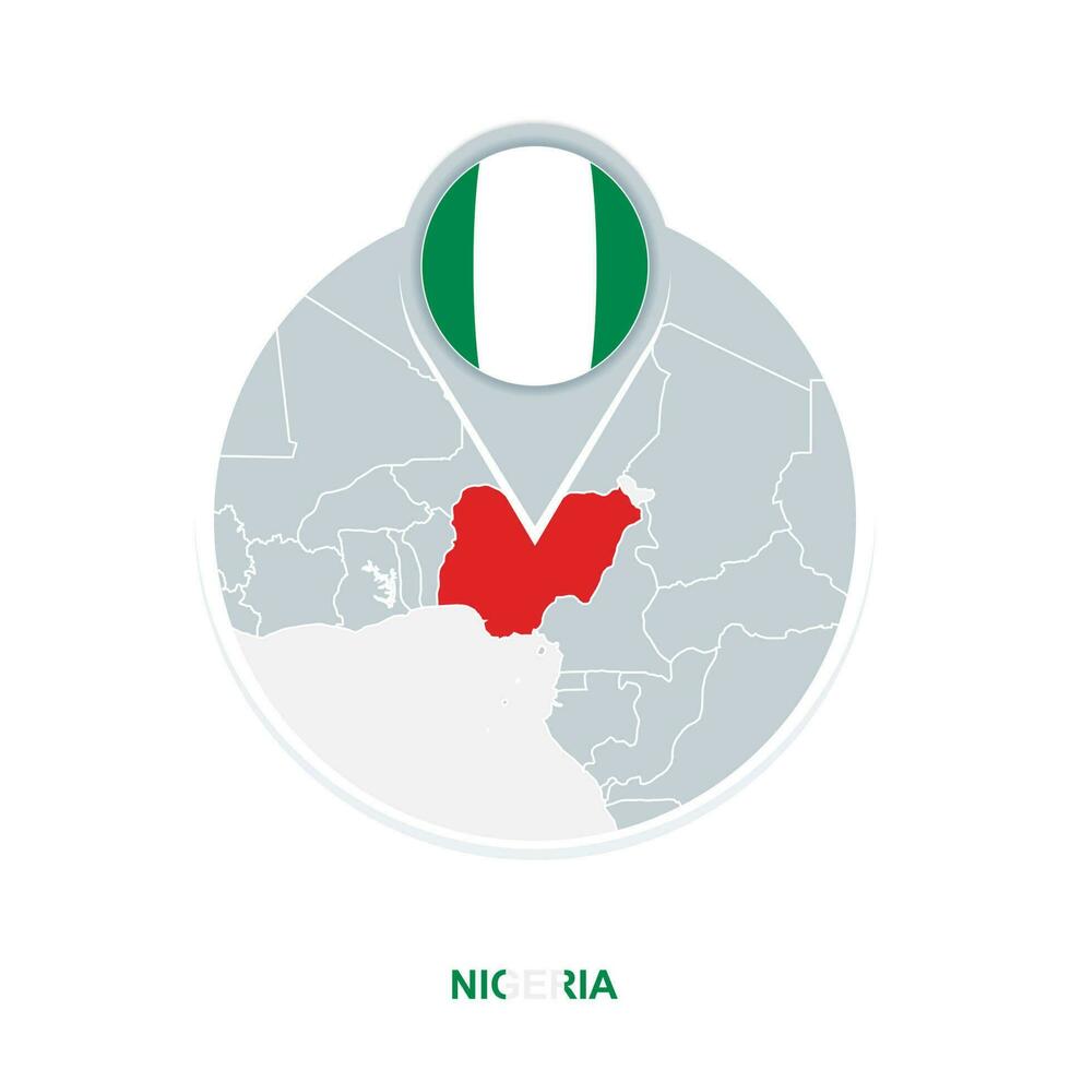 Nigeria map and flag, vector map icon with highlighted Nigeria