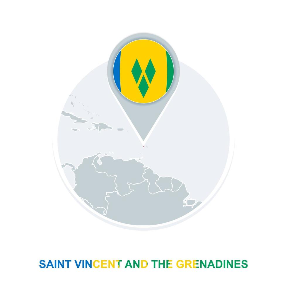 Saint Vincent and the Grenadines map and flag, vector map icon with highlighted Saint Vincent and the Grenadines