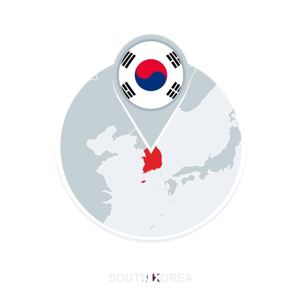 South Korea map and flag, vector map icon with highlighted South Korea