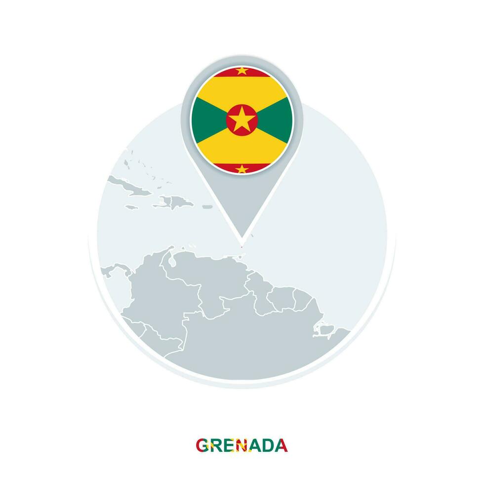 Grenada map and flag, vector map icon with highlighted Grenada