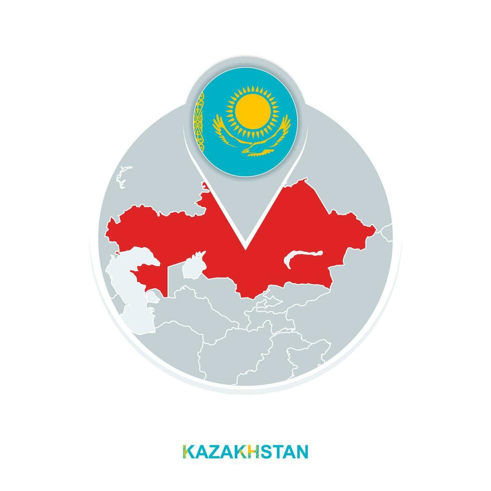 Kazakhstan map and flag, vector map icon with highlighted Kazakhstan