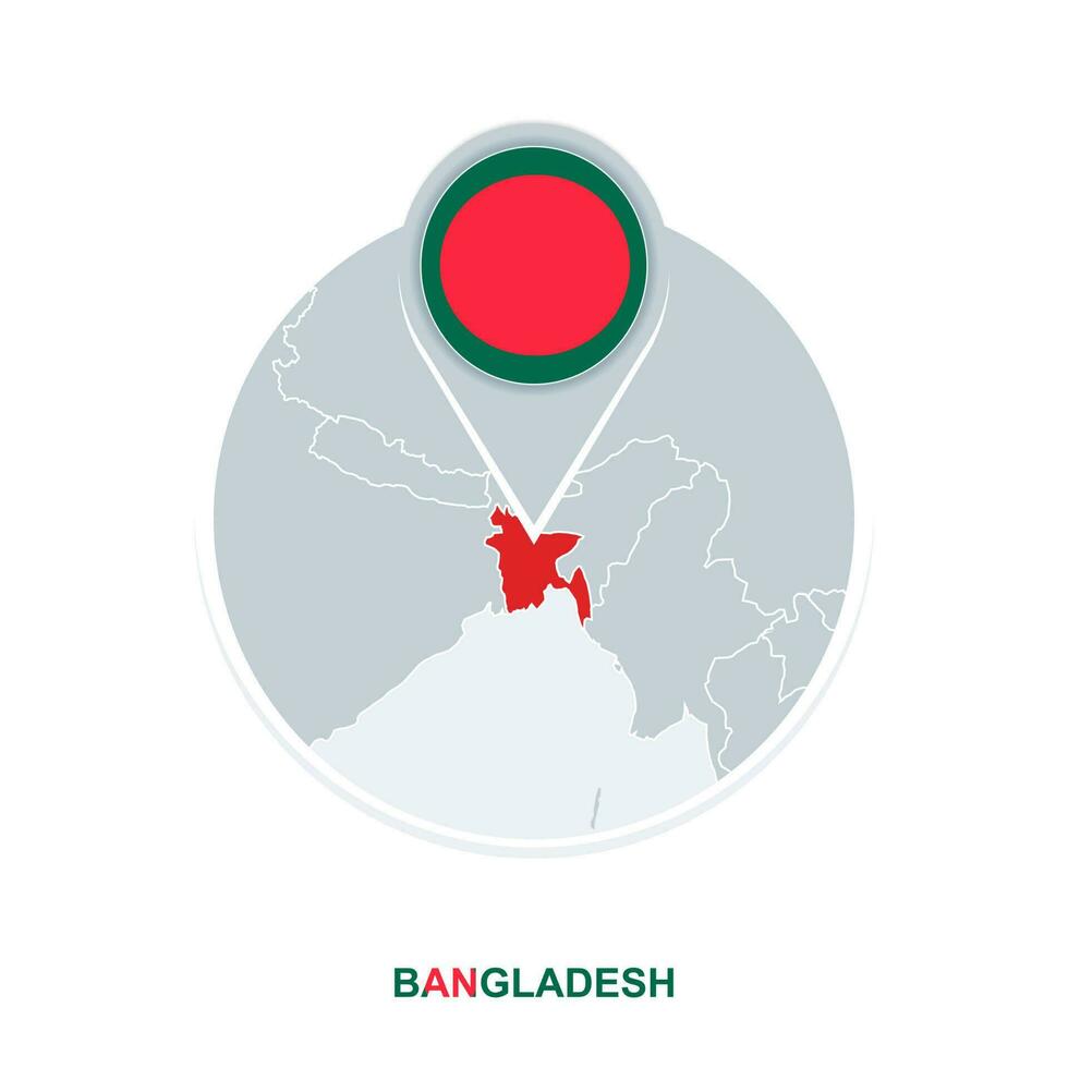 Bangladesh map and flag, vector map icon with highlighted Bangladesh