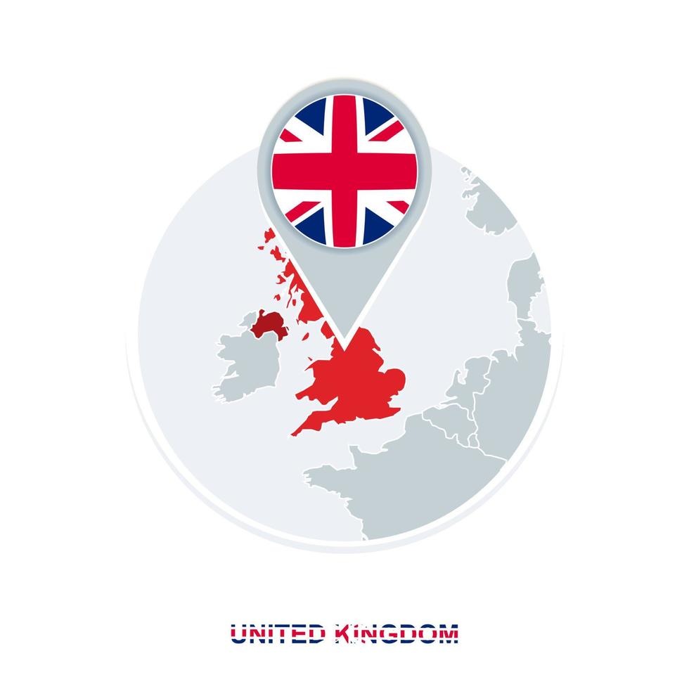 United Kingdom map and flag, vector map icon with highlighted UK