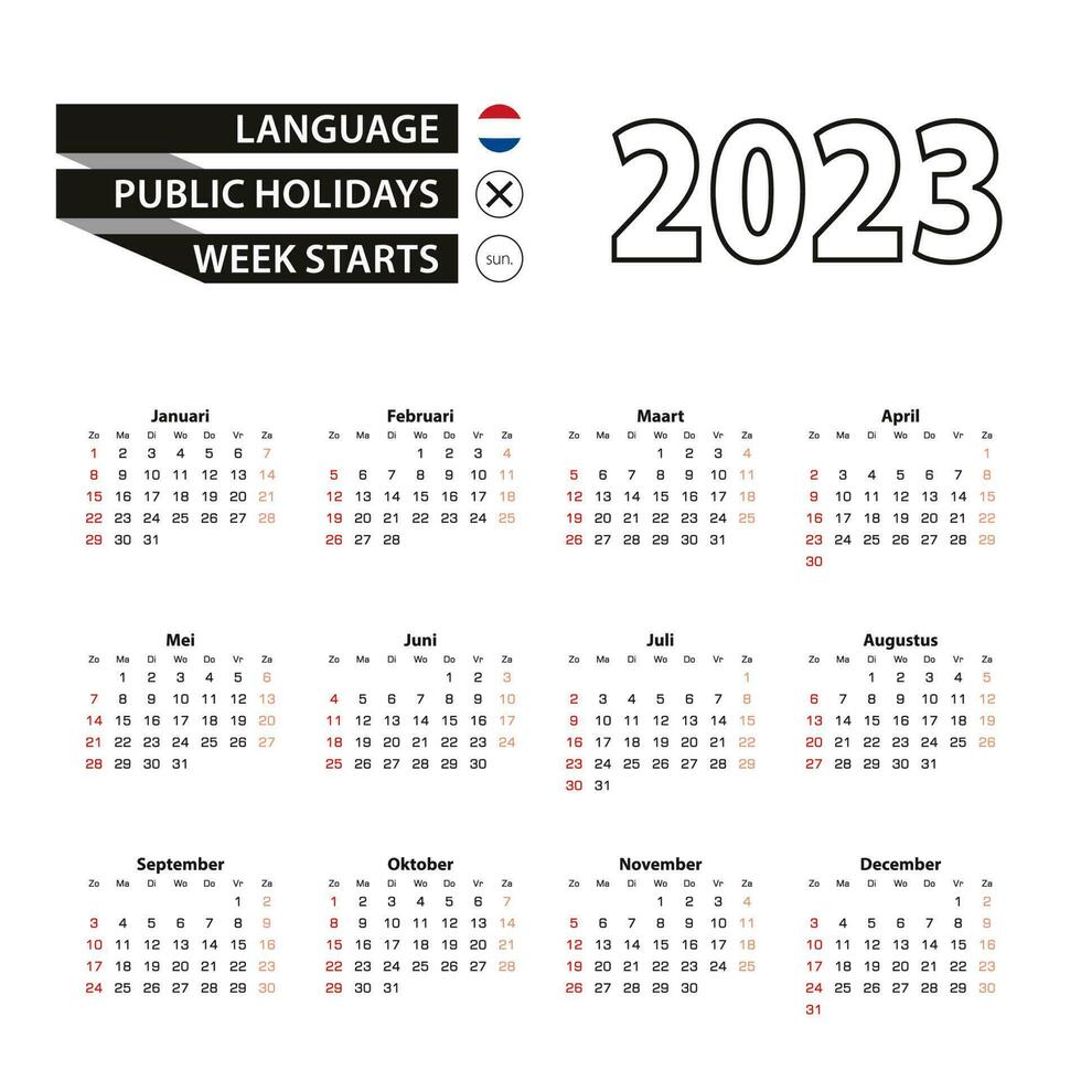 2023 calendar in Dutch language, week starts from Sunday. vector